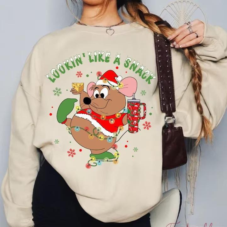 Santa Gus Gus Mouse Christmas Light Sweatshirt, Cute Christmas Crewneck, Family Christmas Sweater, Merry Xmas Party Family Holiday Tee