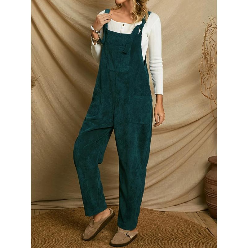 Solid Corduroy Overall Jumpsuit, Casual Patch Pocket Overall Jumpsuit, Suitable for Spring and Autumn, Women's Clothing