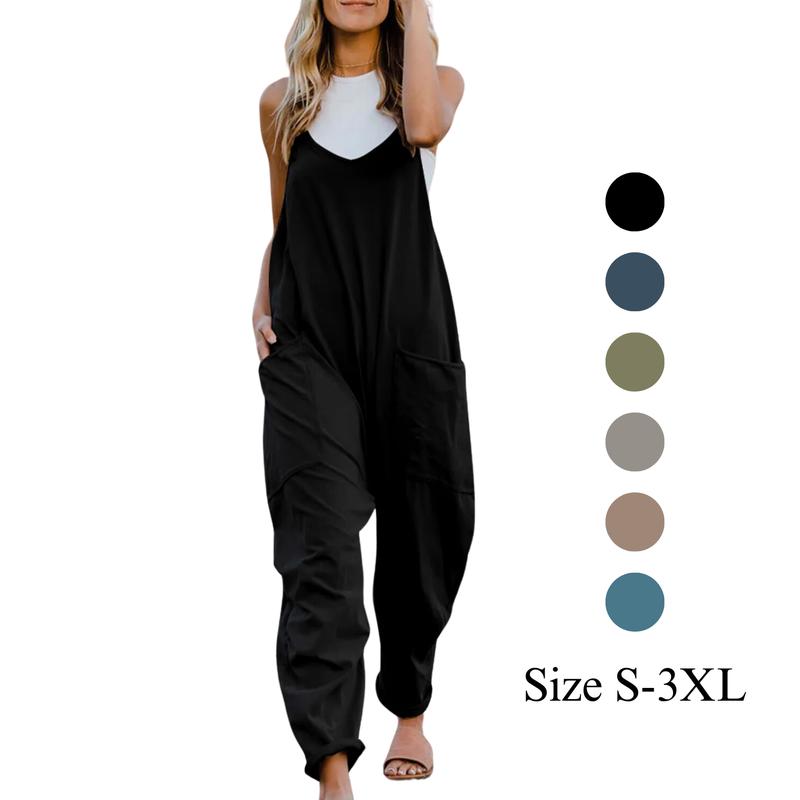 Double Take Full Size V-Neck Sleeveless Jumpsuit with Pockets， Stretchy Overalls