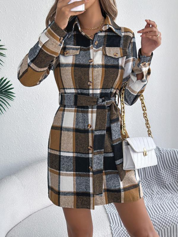 Women's Plaid Print Button Decor Dress, Casual Long Sleeve Collared Short Dress for Fall & Winter, Women's Clothes for Daily Wear