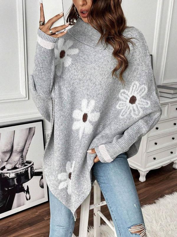  Women's Floral Pattern Cloak Sleeve Sweater, Casual Long Sleeve Turtle Neck Jumper for Fall & Winter, Women's Clothing for Daily Wear