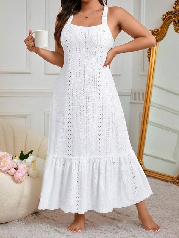  Eyelet Embroidery Ruffle Frill Trim Nightdress, Casual Soft Comfortable Lettuce Trim Square Neck Sleeveless Nightgown for Women, Women's Plus Sleepwear for All Seasons