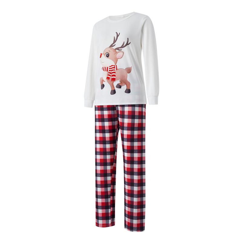 Family Matching Christmas Pajamas Outfits, Long Sleeve Elk Printed Tops + Elastic Plaid Pants Romper Sets Sleepwear & Loungewear