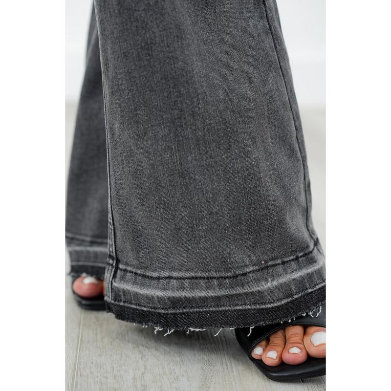 Judy Blue  The Luna Mid Rise Washed Gray Tummy Control Release Hem Flare Jeans