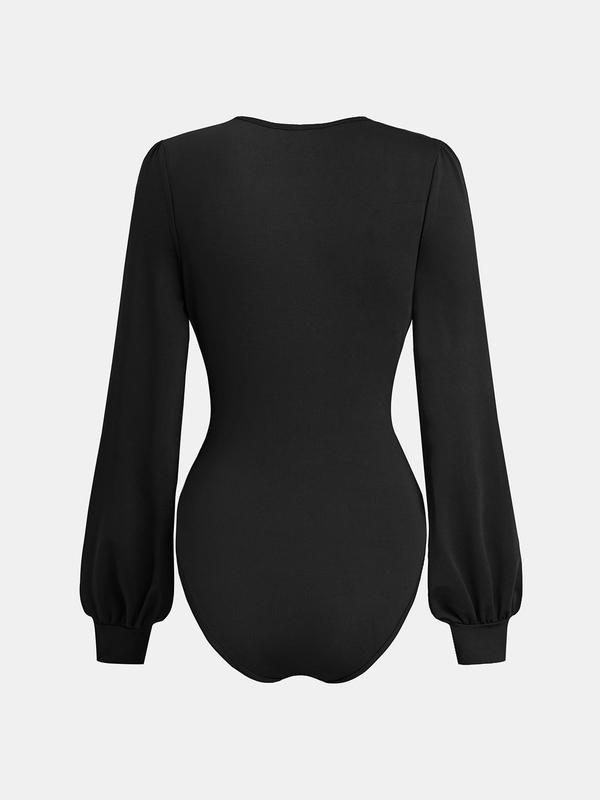 YOZY Ruched Bishop Sleeve Bodysuit, Elegant Plain Deep V Neck Longsleeves Bodysuit, 2024 Women's Daily Wear for Spring & Fall