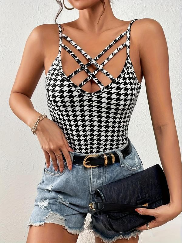 Women's Houndstooth Print Criss Cross Backless Cami Top, Casual Sleeveless Spaghetti Strap Top for Fall & Winter, Women's Clothing for Daily Wear