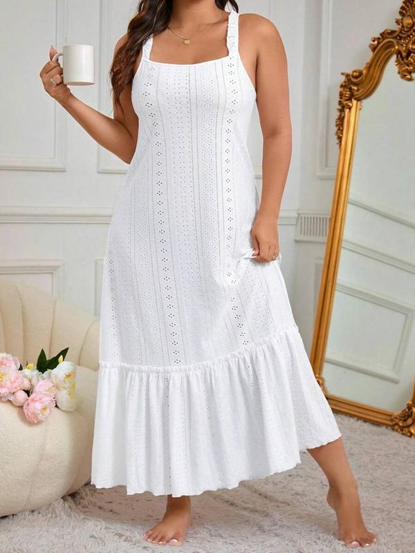  Eyelet Embroidery Ruffle Frill Trim Nightdress, Casual Soft Comfortable Lettuce Trim Square Neck Sleeveless Nightgown for Women, Women's Plus Sleepwear for All Seasons