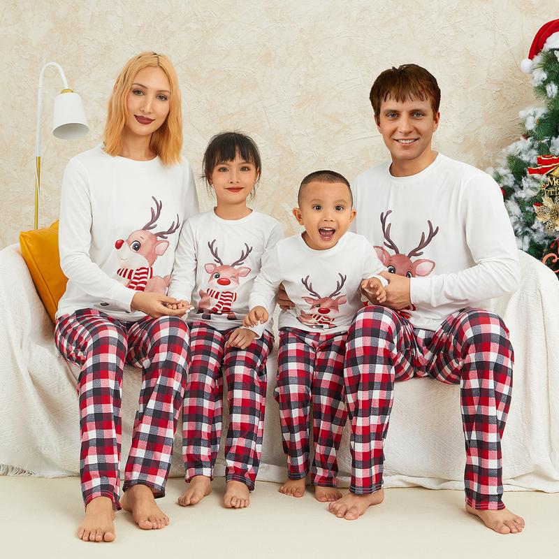 Family Matching Christmas Pajamas Outfits, Long Sleeve Elk Printed Tops + Elastic Plaid Pants Romper Sets Sleepwear & Loungewear