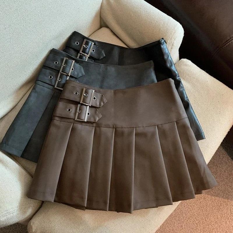 S-3XL Y2K Pu Leather Mini Skirts Women Streetwear High Waist Pleated Skirt Vintage Korean Black Slim Casual A Line Skirts