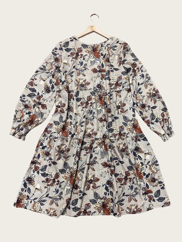 Women's All Over Floral Print Plicated Flounce Sleeve Dress, Casual Long Sleeve Round Neck Short Dress for Daily Wear, Ladies Clothes for All Seasons，  Moo Moo Dresses