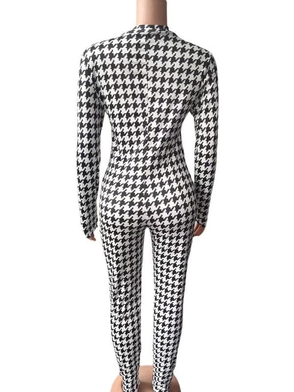 Women's Houndstooth Print Half Zip Jumpsuit, Casual Long Sleeve Round Neck Skinny Jumpsuit for Fall & Winter, Women's Clothes for Daily Wear