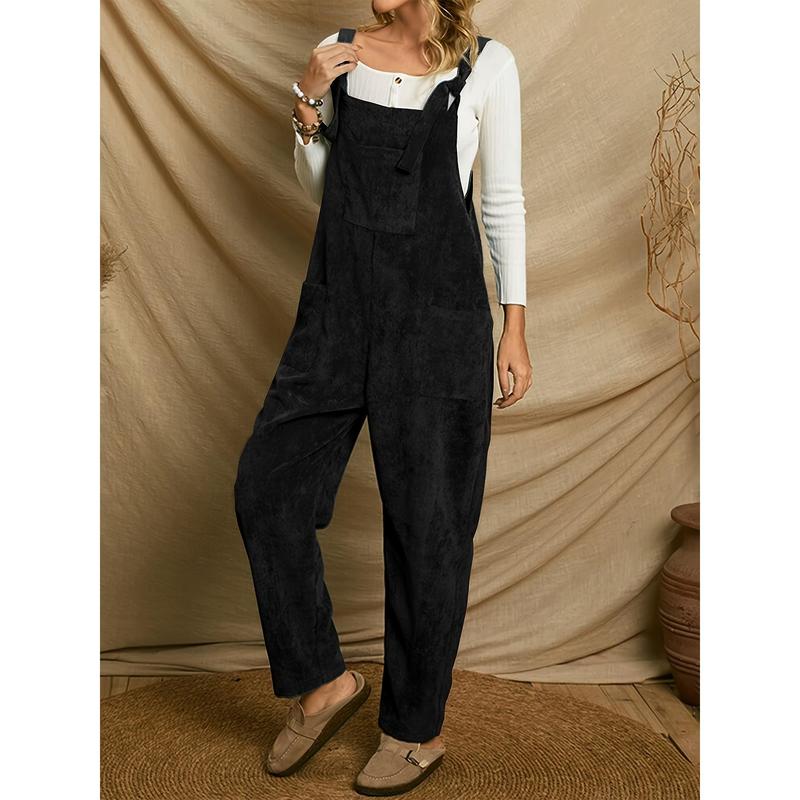 Solid Corduroy Overall Jumpsuit, Casual Patch Pocket Overall Jumpsuit, Suitable for Spring and Autumn, Women's Clothing