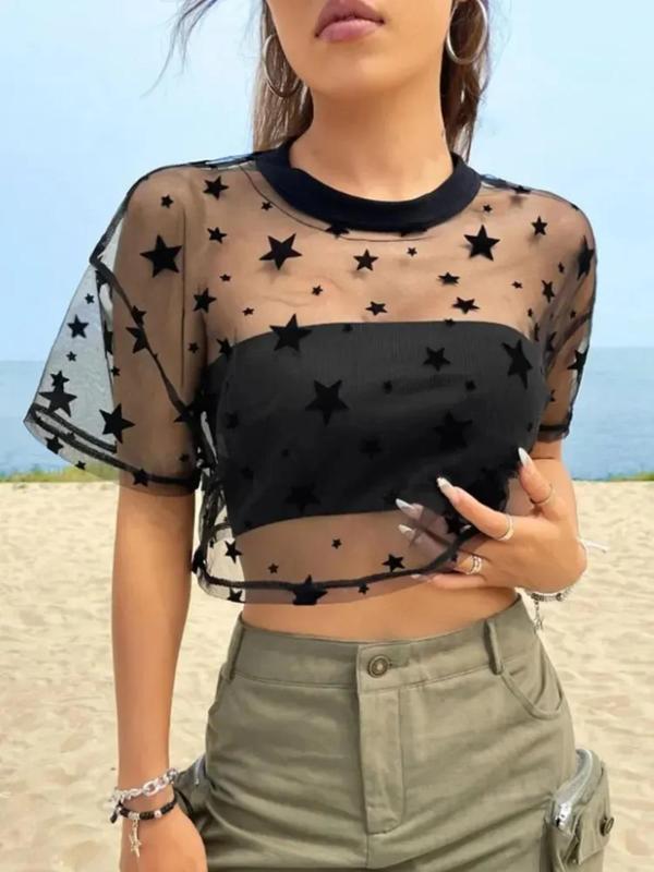 Women's Star Print Sheer Mesh Crop Top, Fashion Casual Drop Shoulder Short Sleeve Tulle Top for Party Holiday, Ladies Clothes for All Seasons