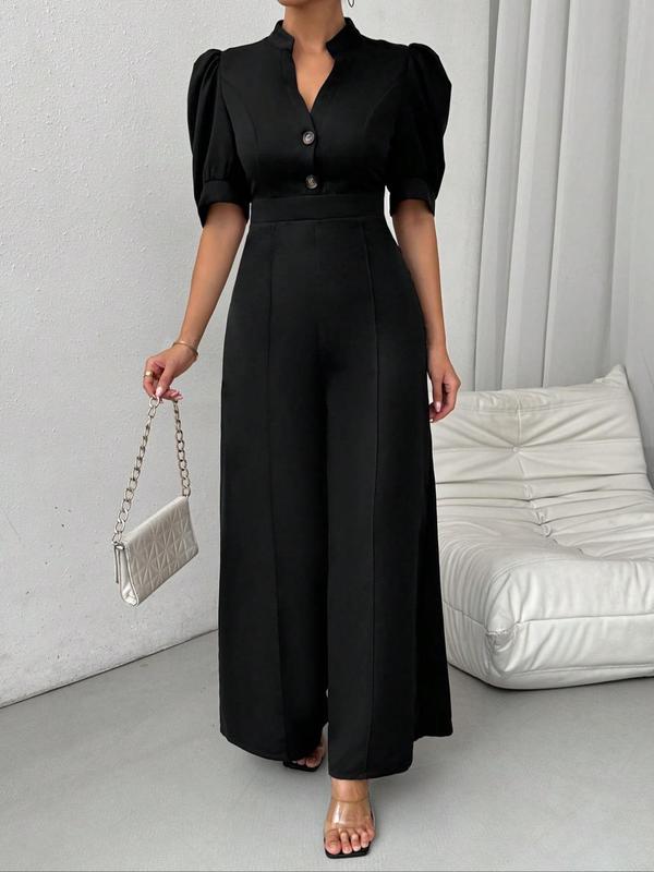  Notched Neck Puff Sleeve Jumpsuit, Elegant Short Sleeve Wide Leg Jumpsuit for Party Holiday Vacation, Women's Clothes for Summer