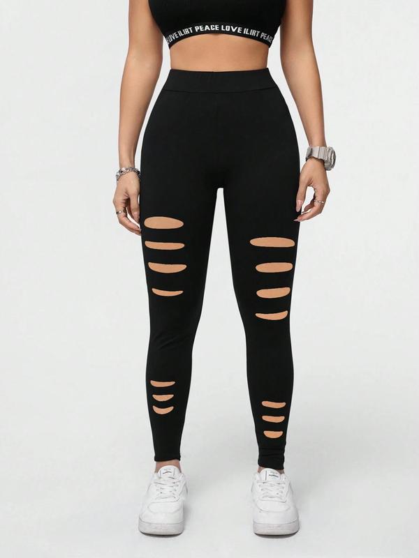 Women's Plain Cut Out High Waist Leggings, Casual Comfy Breathable Skinny Pants for Daily Wear, Ladies Bottoms for All Seasons