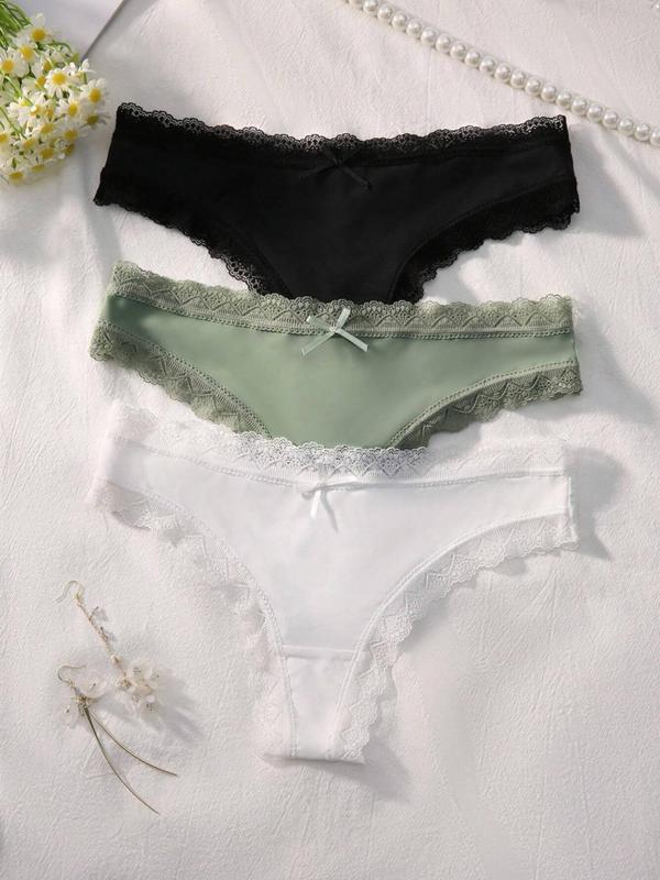 Women's Bow Decor Contrast Lace Thong, Casual Soft Comfy Breathable Knicker for Daily Wear, Underwear for All Seasons