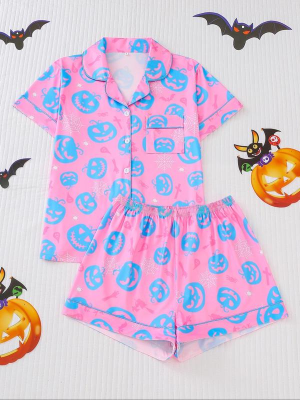 Shopwithjulie Women's Halloween Pumpkin Skull Print Pocket Lapel Blouse & Elastic Waist Shorts Pyjama Loungewear Set, Lady Button Front Short Sleeve Top & Shorts Pj Pants, Christmas Pajamas, Women's Sleepwear for Homewear,  Christmas List Ideas 2025