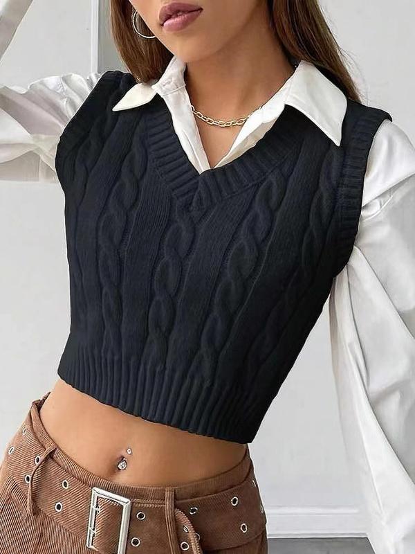 Women's Solid Textured V Neck Crop Sweater Vest Without Shirt, Casual Sleeveless Cropped Knitwear For Spring & Fall, Fashion Cozy Women's Knit Clothing For Daily Wear