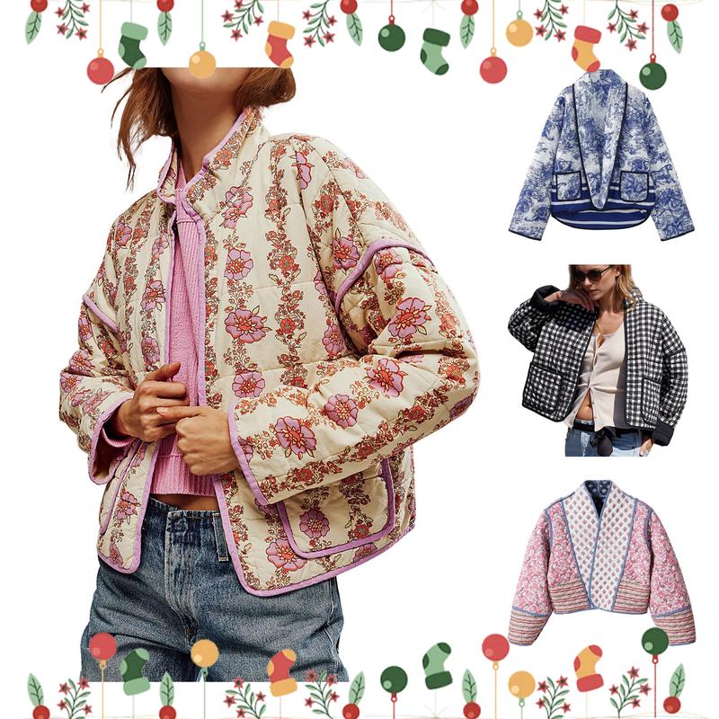 Women's Cropped Puffer Jacket Lightweight Floral Printed Open Front Quilted Coat Winter Warm Outwear