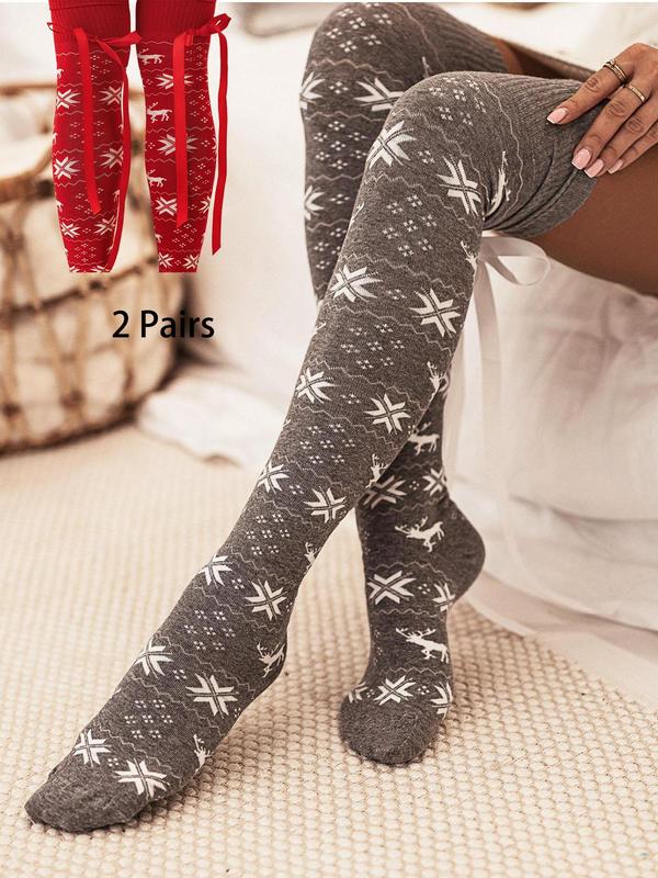 Women's Christmas Themed Print Bow Decor Over The Knee Socks, Casual Comfortable Knee-High Socks for Fall & Winter, Women's Socks for Daily Wear