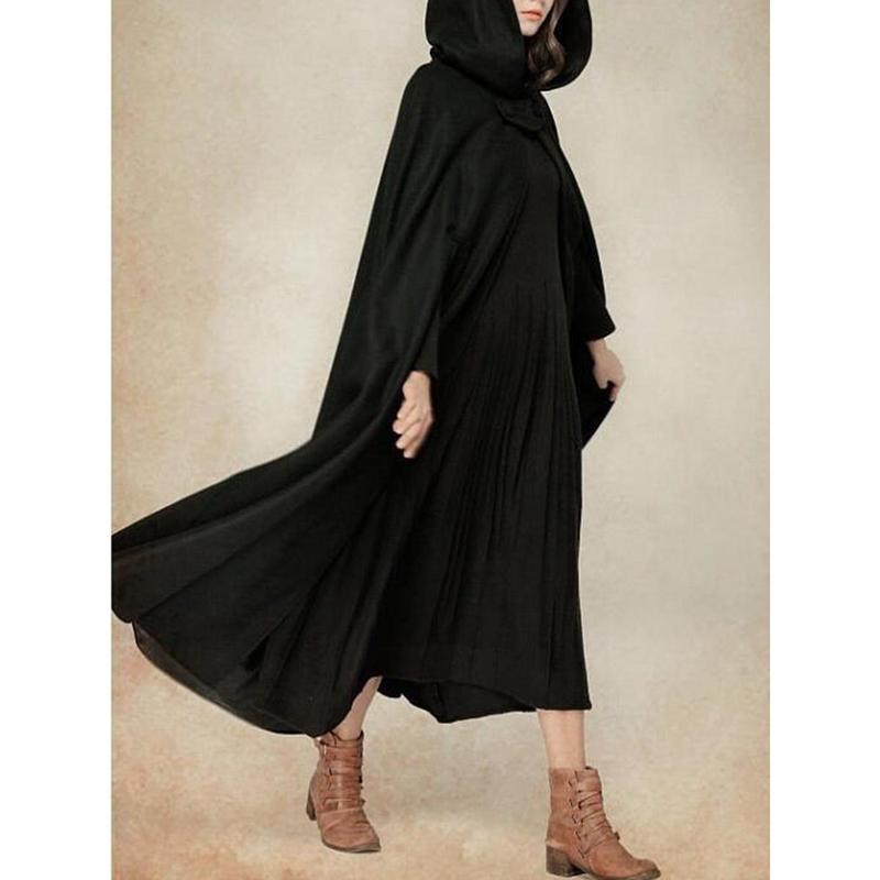 Women Long Hooded Woolen Cloak, Solid Color Vintage Poncho, Black  Grey  Blue  Dark Green Womenswear Coats