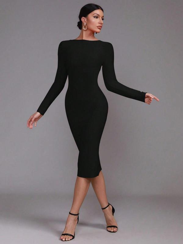 Sexy Bandage Dress Women's Solid Color Back Zipper Deep V Long Sleeved Party Backless Party Mid Length Dress, Holiday Dress 2024