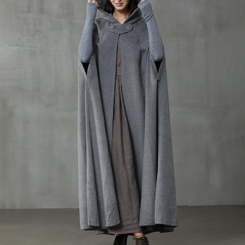 Women Long Hooded Woolen Cloak, Solid Color Vintage Poncho, Black  Grey  Blue  Dark Green Womenswear Coats