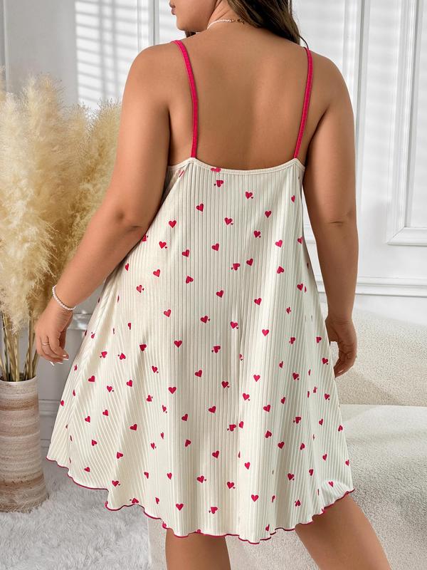 Plus Size Heart Print Tie Front Cami Nightdress, Cute Backless Lettuce Trim Nightgown, Women's Sleepwear For All Seasons