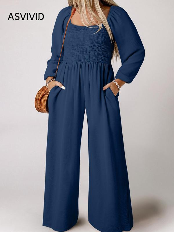  Solid Color Bishop Sleeve Square Neck Shirred Jumpsuit, Casual Pocket Wide Leg Jumpsuit for Spring & Fall, Women's Clothes for Daily Wear