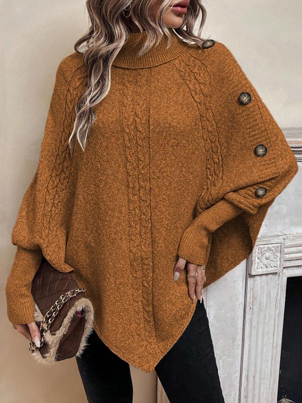 Women's Plain Fake Buttons Batwing Sleeve Sweater, Fall Outfits, Earthtone Fallfreshness, Sweater for Women, Casual Long Sleeve High Neck Jumper for Fall & Winter, Fashion Ladies' Knitwear for Daily Wear, Going Out Outfits