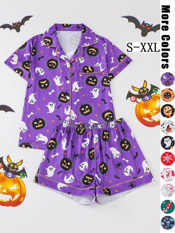 Shopwithjulie Women's Halloween Pumpkin Skull Print Pocket Lapel Blouse & Elastic Waist Shorts Pyjama Loungewear Set, Lady Button Front Short Sleeve Top & Shorts Pj Pants, Christmas Pajamas, Women's Sleepwear for Homewear,  Christmas List Ideas 2025