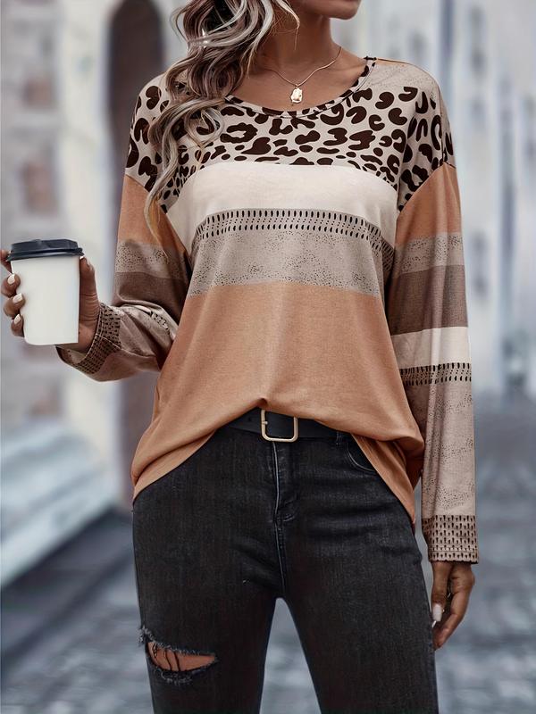  Colorblock Leopard Print Drop Shoulder Tee, Casual Long Sleeve Round Neck T-shirt for Spring & Fall, T Shirts for Women, Women's Clothing for Daily Wear Birthday Gifts