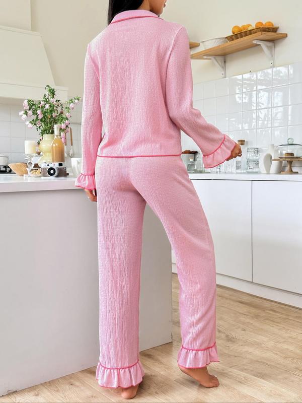 2 Pieces Women's Minimalist Lapel Neck Flounce Sleeve Pocket Blouse & Elastic Waist Pants Pyjama Loungewear Set, Fall Wear, Lady Basic Contrast Binding Button Front Long Sleeve Top & Ruffle Hem Trousers PJ Set, Ladies Sleepwear for All Seasons