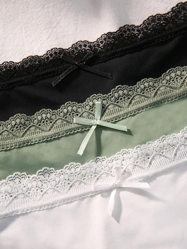 Women's Bow Decor Contrast Lace Thong, Casual Soft Comfy Breathable Knicker for Daily Wear, Underwear for All Seasons