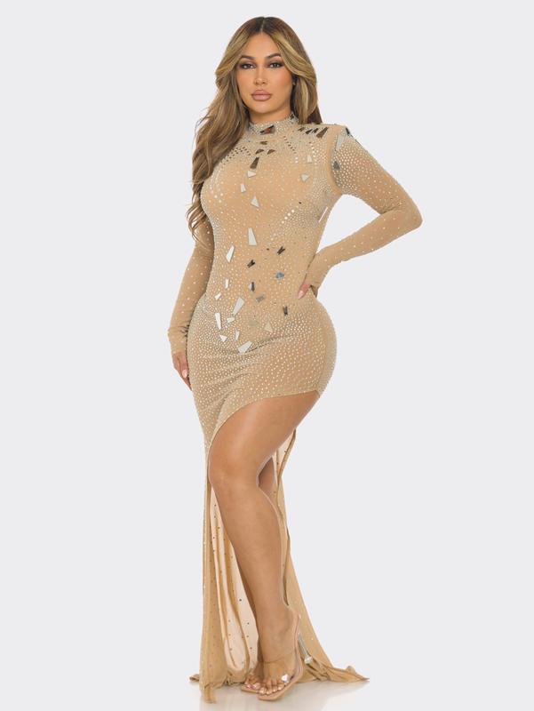 Glamorous Long-Sleeve Maxi Dress with High Slit and Sparkling Embellishments - Show-Stopping Party Outfit Formal Light