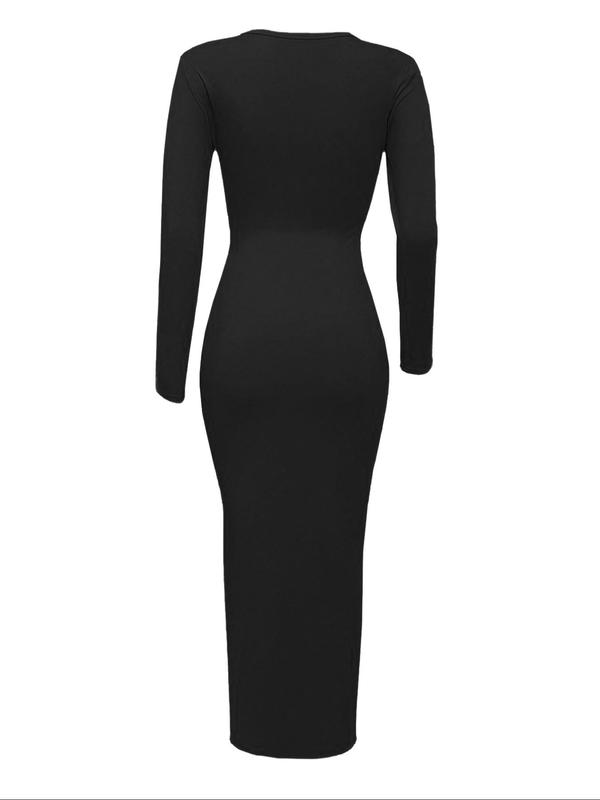 Women's Plain Ruched Knot Side Bodycon Dress, Elegant Long Sleeve Round Neck Dress for Party Holiday Wedding Guest, Ladies Clothes for All Seasons