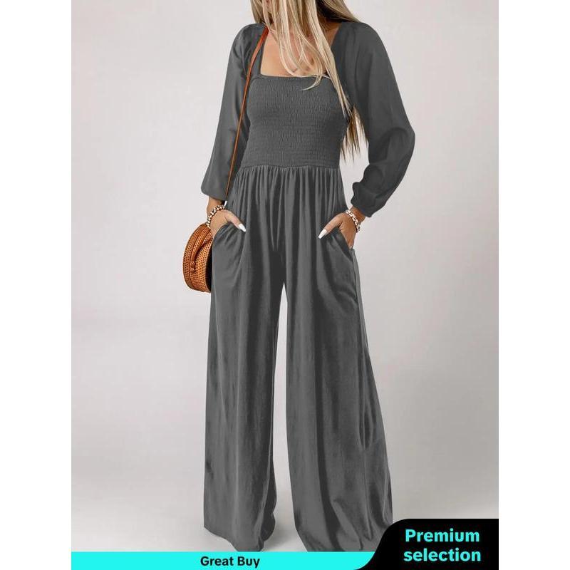 Women's Plain Ruched Shirred Pocket Wide Leg Jumpsuit, Casual Bishop Sleeve Square Neck Jumpsuit for Fall, Ladies Clothes for Daily Wear