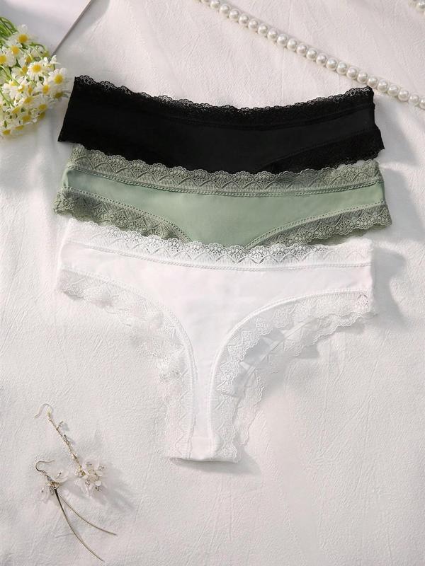 Women's Bow Decor Contrast Lace Thong, Casual Soft Comfy Breathable Knicker for Daily Wear, Underwear for All Seasons