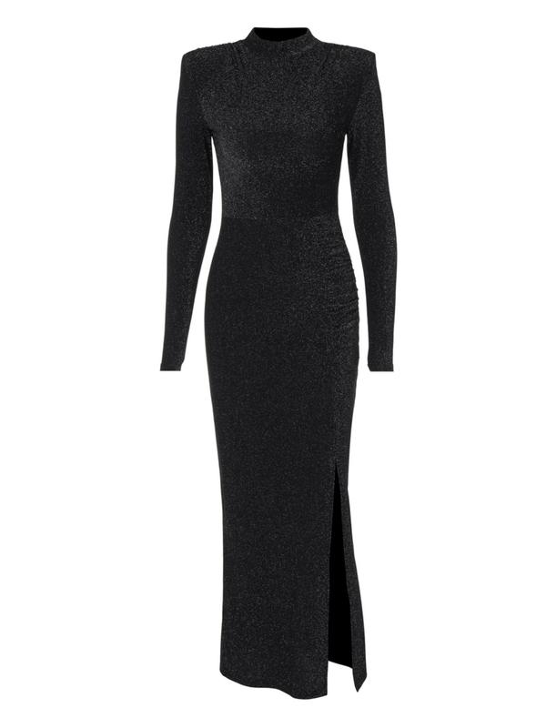 Women's Glitter Ruched Split Thigh Mermaid Dress, Elegant Shoulder Padded Long Sleeve Mock Neckevening Party Club Long Dress, Women's Gown for Fall & Winter