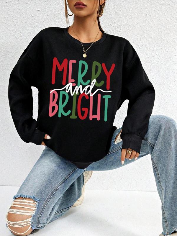  Letter Print Crew Neck Sweatshirt, Casual Merry and Bright Print Long Sleeve Pullover, Women's Fall & Winter Clothes for Daily Wear