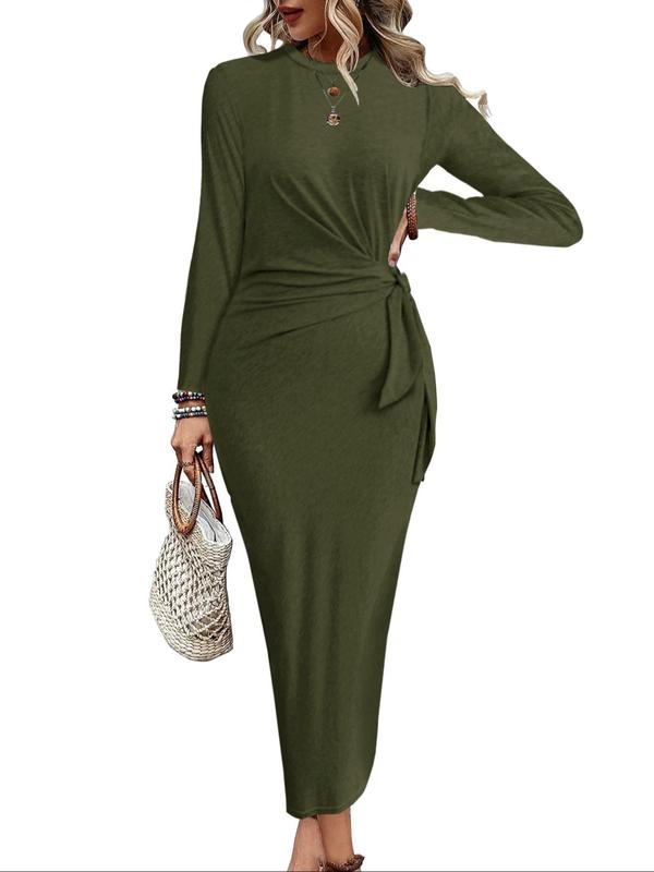 Women's Plain Ruched Knot Side Bodycon Dress, Elegant Long Sleeve Round Neck Dress for Party Holiday Wedding Guest, Ladies Clothes for All Seasons