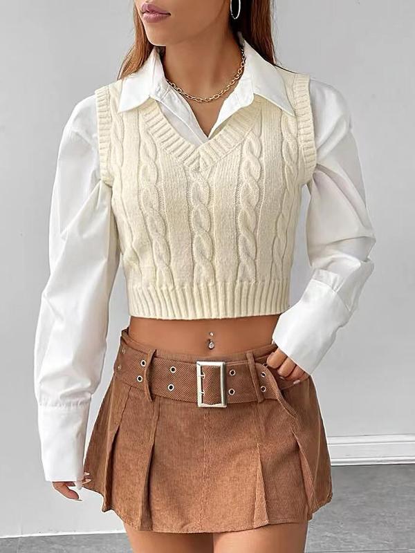 Women's Solid Textured V Neck Crop Sweater Vest Without Shirt, Casual Sleeveless Cropped Knitwear For Spring & Fall, Fashion Cozy Women's Knit Clothing For Daily Wear