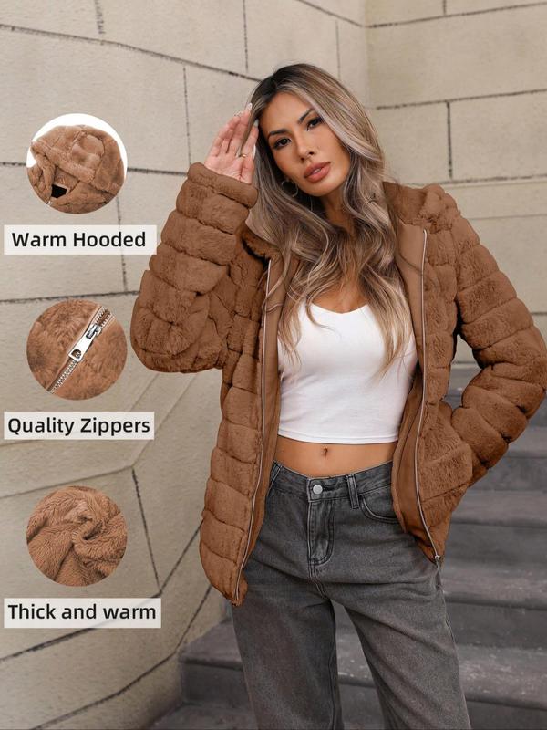 Women's Solid Pocket Zip Up Faux Fur Jacket, Casual Long Sleeve Hooded Outerwear for Fall & Winter, Ladies Clothes for Daily Wear