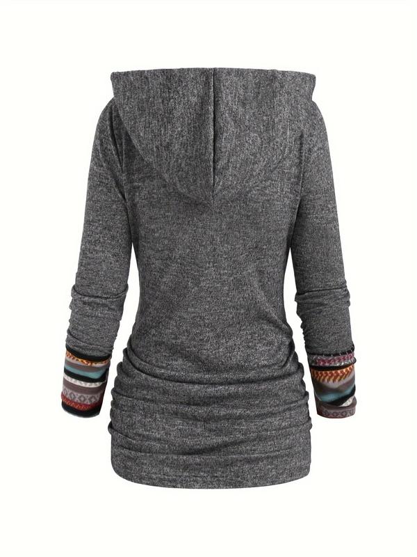 Women's Patchwork Ethnic Pattern Fake Buttons Decor Hoodie, Boho Fashion Long Sleeve Hooded Sweatshirt for Fall & Winter, Women's Clothes for Daily Wear, Going out Tops 2000s