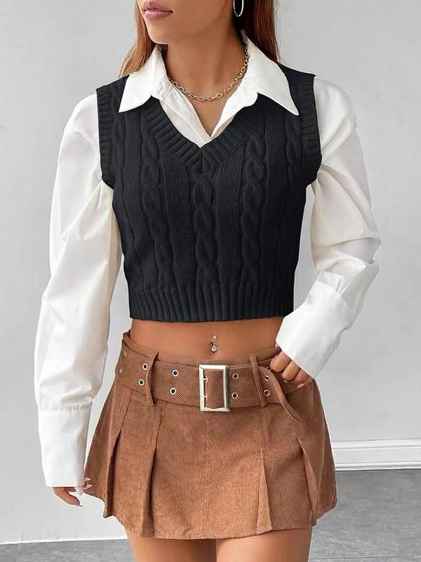 Women's Solid Textured V Neck Crop Sweater Vest Without Shirt, Casual Sleeveless Cropped Knitwear For Spring & Fall, Fashion Cozy Women's Knit Clothing For Daily Wear