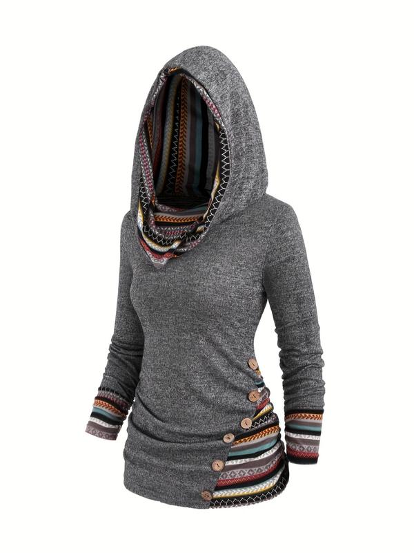 Women's Patchwork Ethnic Pattern Fake Buttons Decor Hoodie, Boho Fashion Long Sleeve Hooded Sweatshirt for Fall & Winter, Women's Clothes for Daily Wear, Going out Tops 2000s