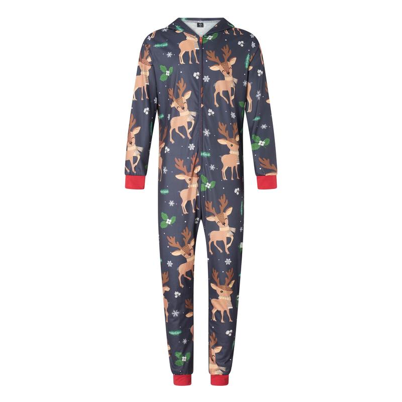 Christmas Family Matching Jumpsuit, Long Sleeve Hooded Elk Print Zipper Closure Loungewear