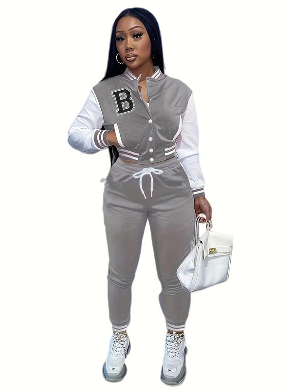 Two-piece Set Women's Letter Pocket Two-piece Set, Casual Long Sleeve Button Front Jacket & Drawstring Comfy Pants for Daily Outdoor Wear, Going Out Outfits