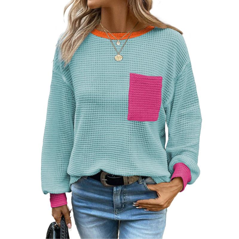 Dokotoo Womens Tops 2024 Oversized Long Sleeve Crewneck Waffle Knit Shirts Business Casual Blouses Basic Shirts