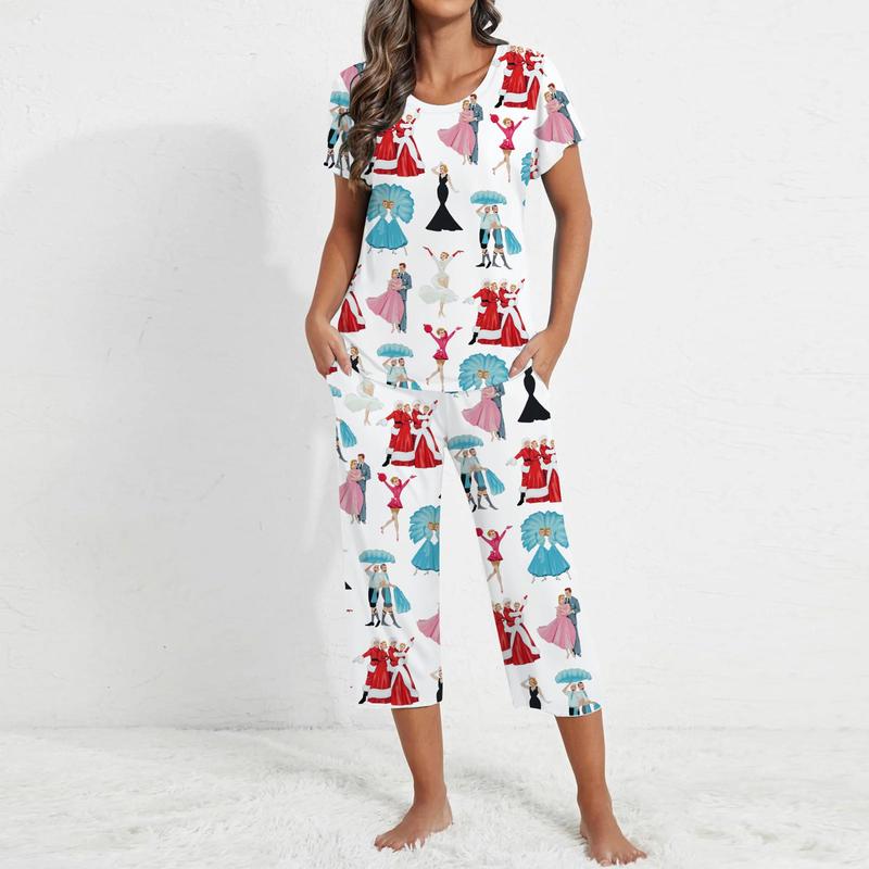 White Christmas Print Nine Quarters Pants Pajama Set For Women - SHESHOW